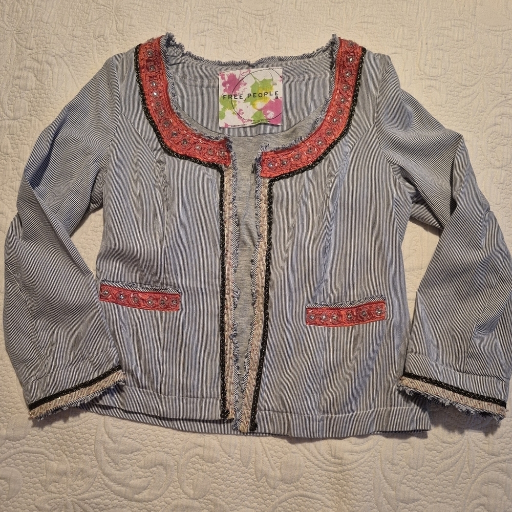 Free People size 8 My Fair Lady cropped jacket blue striped beaded frayed EUC